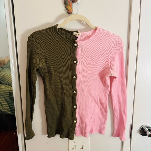 DONNI. Thermal Duo Cardigan in a Pink/Olive - Picture 3 of 8